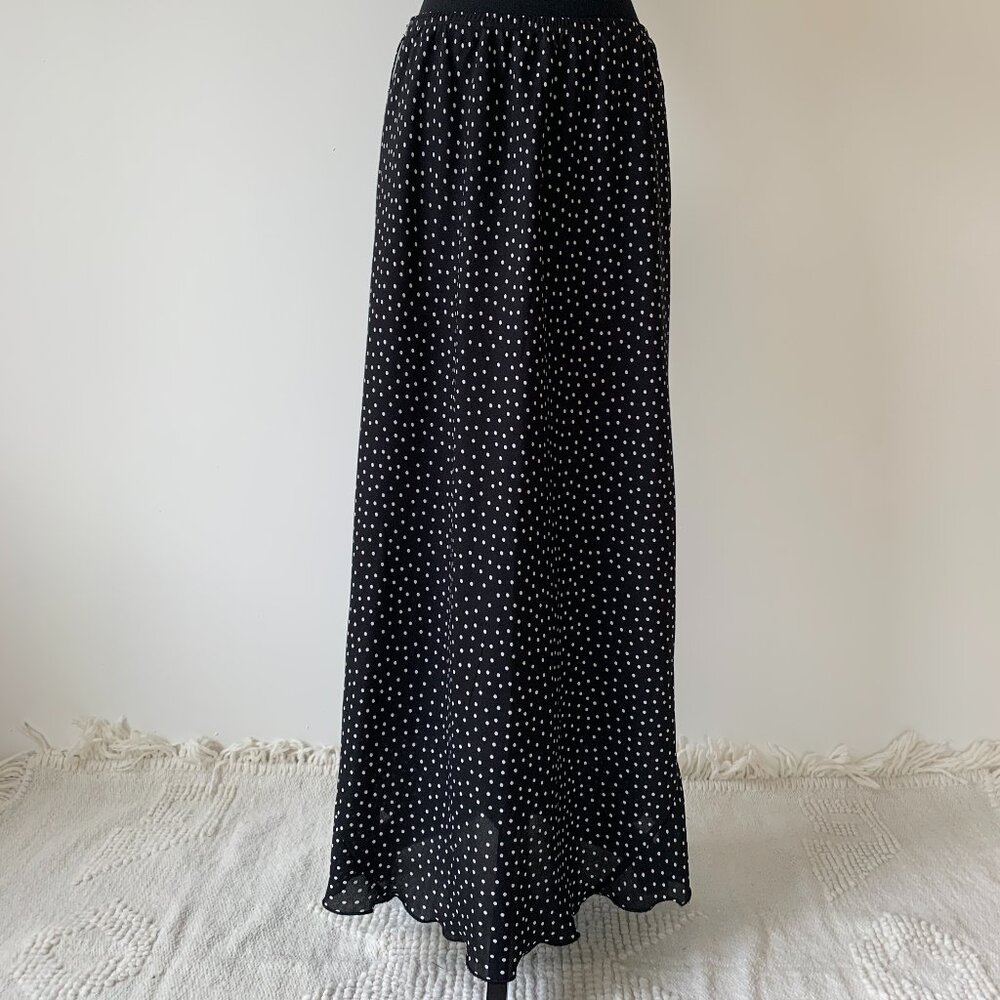 Encore Black & White Polka Dot Maxi Lettuce Hem Skirt - Size 14